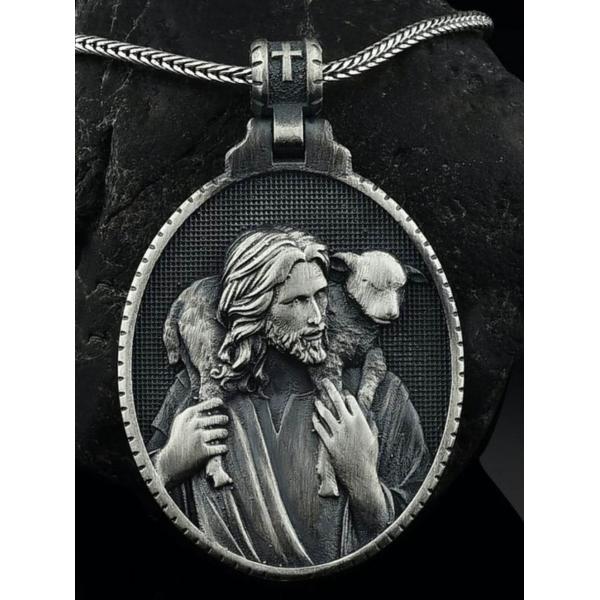 耶稣背羊高浮雕3cm925银大圣牌（不含链）