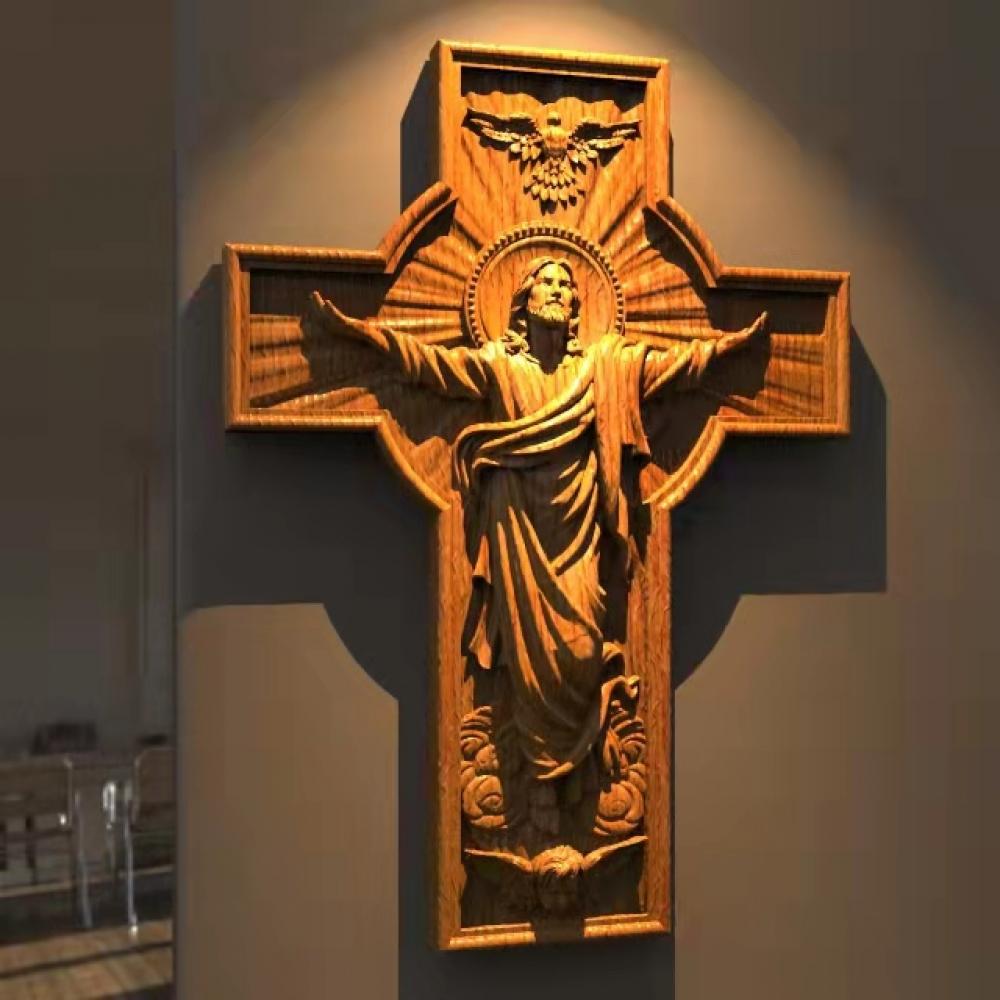 榉木浮雕耶稣升天十字架20*30cm